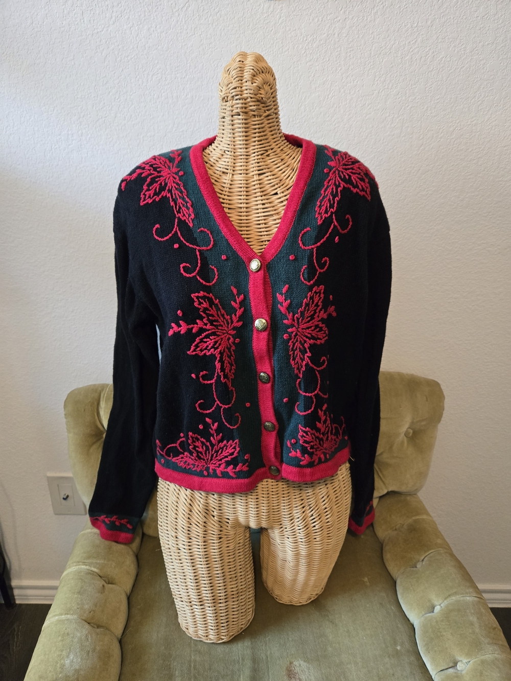 Dress Barn Black Cardigan with Bright Pink Embroidery